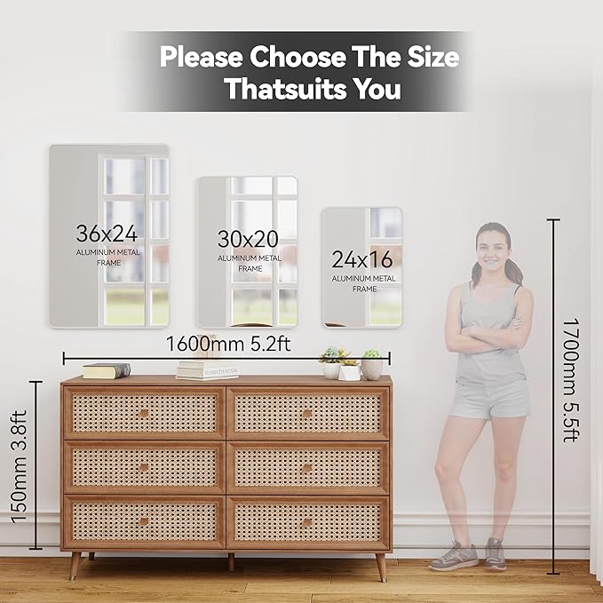 SCWF-GZ 20x30 Rectangle Mirror Full Length Wall Mounted Hanging or Against Wall Metal Frame Dressing Make-up Mirrors for Entryway Bedroom Bathroom Living Room 20 30 inch Silver