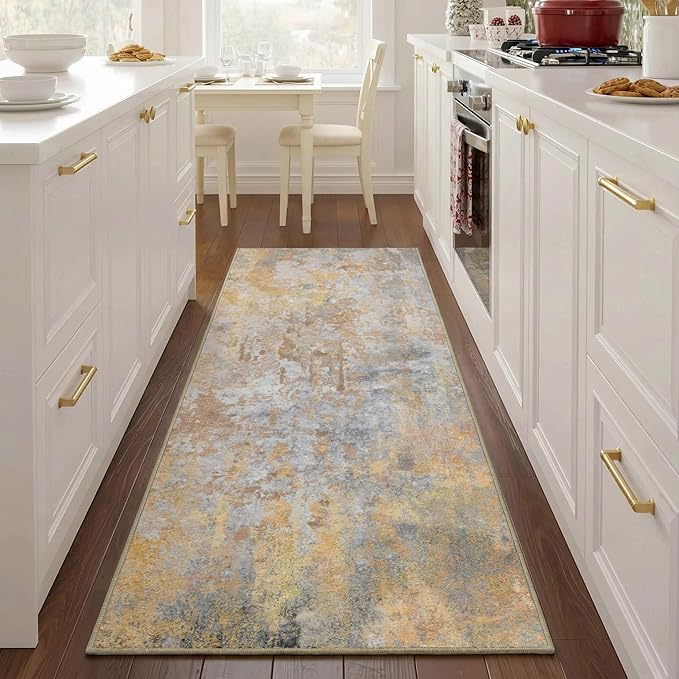 Beige Gold Rug Runners for Hallways Kitchen 2.6x8 Non Slip Washable Entryway Runner Rugs with Rubber Backing 8ft Long Carpet Runner for Laundry Bedroom, Low Pile Stain & Fade Resistant