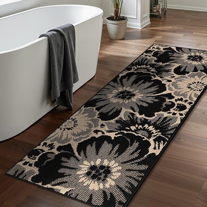Findosom Hallway Runner Rug 2x5, Non Slip High-Low Textured Floral Washable Runner Rug with Rubber Backing, Boho Carpet Runner for Kitchen, Entryway, Bedroom, Laundry, Black & Beige