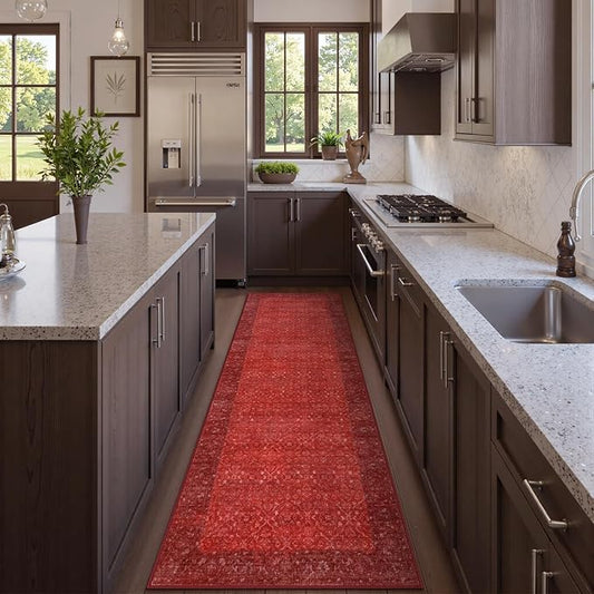Hedlive Red Kitchen Runner Rugs Non Skid Washable, 2.6x8 Long Hallway Runner Rug 8 Ft, Ultra-Thin Vintage Red Carpet Runner for Entryway Bathroom Bedside Laundry Room Hall (2'6"x8')