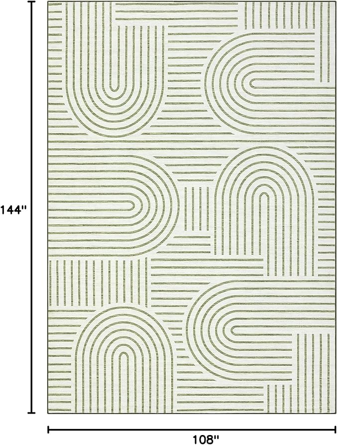ROYHOME Washable Rug 9x12 Area Rugs for Living Room, Abstract Rug for Bedroom, Soft Rainbow Non Slip Throw Rugs with Rubber Back, Low Pile Stain Resistant Boho Geometric Carpet for Dining Room, Green