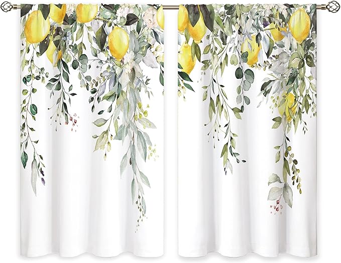 Eucalyptus Botanical Leaves Yellow Lemon Kitchen Window Curtains Herb Plant Floral Fruit Small Window Treatment Sage Green Cafe Short Curtains for Bathroom Treatment Tier Drapes 26x24 inch
