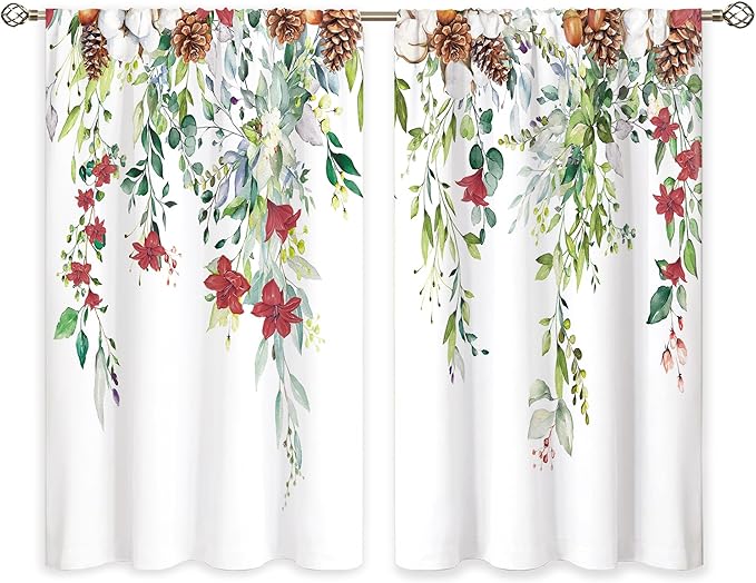 Red Flower Eucalyptus Botanical Leaves Sage Green Christmas Floral Kitchen Window Curtains Over Sink Leaf Small Treatment Cafe Short Curtains for Bathroom Treatment Tier Drapes 27.5x39 inch