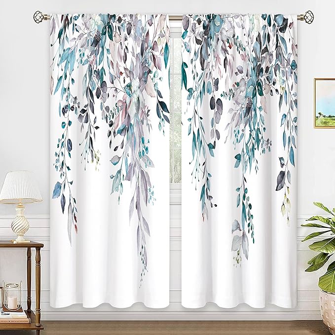 Blue Grey Eucalyptus Botanical Leaves Floral Window Curtains Watercolor Flower Plant Wildflower Farmhouse Boho Curtain Drapes Herb Curtains for Bedroom Living Room Treatment 52Wx84H Inch