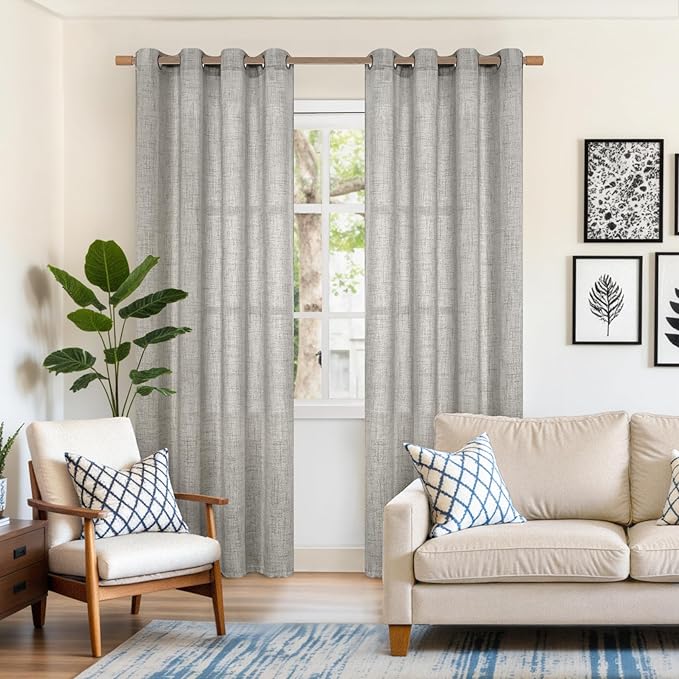 YoungsTex Linen Curtains for Living Room 52 X 80 Inch Length, Light Filtering Drapes with Bronze Grommet Semi Sheer Privacy for Bedroom Office Dining Window, Dark Grey, 2 Panels