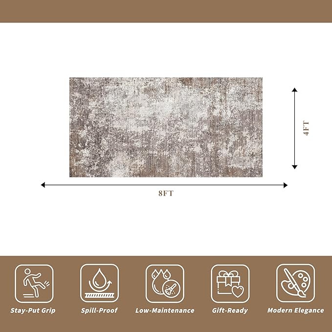 4x8 Washable Indoor Entryway Rug – Non-Slip Rubber Backed Floor Mat for Kitchen Hallway Bedroom – Modern Abstract Low-Pile Thin Wide Carpet Runner for Bathroom Living Room Office (Brown Beige, 4x8)