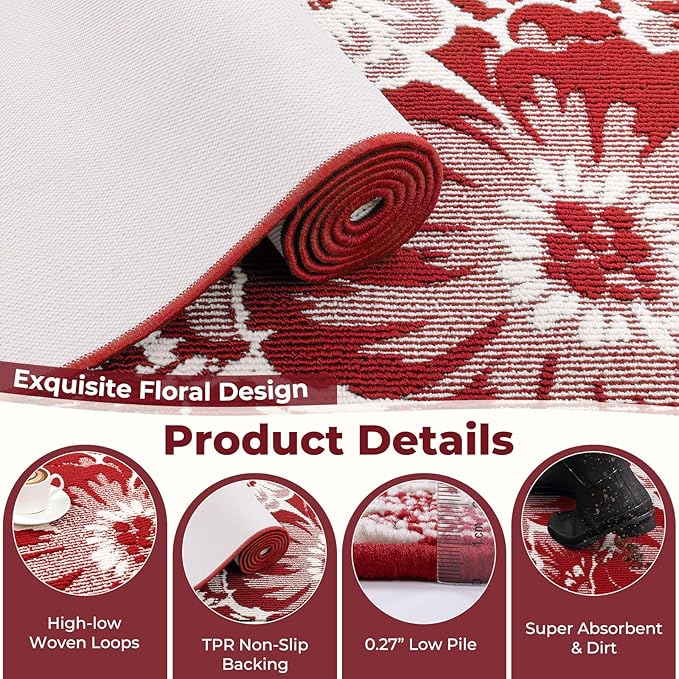 Findosom Christmas Runner Rug 2x8, Non Slip High-Low Textured Floral Washable Runner Rug with Rubber Backing, Boho Carpet Runners for Hallway, Kitchen, Entryway, Bedroom, Laundry & Holiday Decor, Red