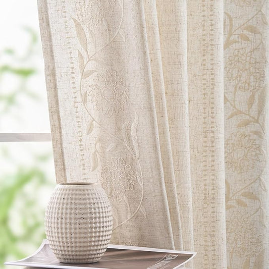 jinchan Winslow Linen Curtains for Bedroom 72 Inches Length Embroidered Bordered Floral Curtains for Living Room Farmhouse Decor Light Filtering Window Treatments Ivory on Beige Drapes 2 Panels