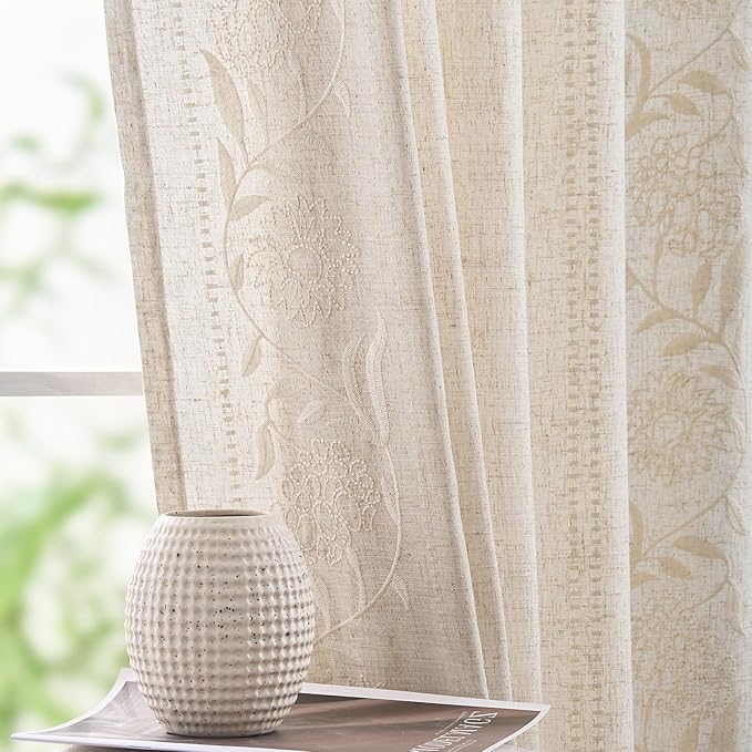 jinchan Winslow Linen Curtains for Bedroom 84 Inches Length Embroidered Bordered Floral Curtains for Living Room Farmhouse Decor Light Filtering Window Treatments Ivory on Beige Drapes 2 Panels