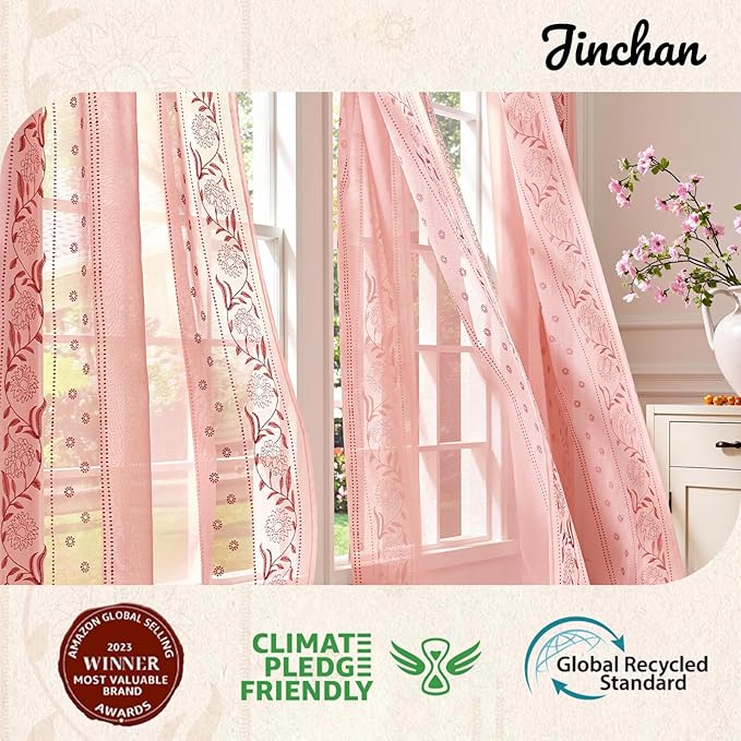 jinchan Winslow Sheer Curtains 63 Inch Length for Dorm Bedroom Bordered Floral Pattern Decorations Short Curtains Light Filtering Window Treatments, 50W x 63L, 2 Panels