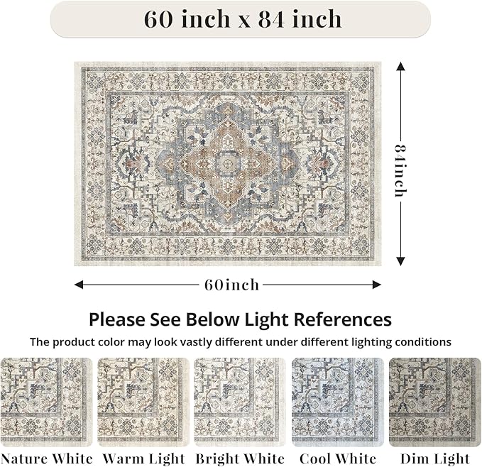 Beige 5x7 Washable Area Rug, Non-Slip Soft Ultra-Thin Polyester Carpet with Vintage Stain Resistant Indoor Rug for Living Room, Bedroom, Dining Room, Nursery Oeko-TEX - Beige/Blue