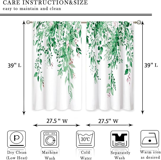 Emerald Teal Eucalyptus Botanical Leaves Floral Kitchen Window Curtains Over Sink Farmhouse Flower Spring Small Treatment Cafe Short Curtains for Bathroom Treatment Tier Drapes 27.5x39 inch