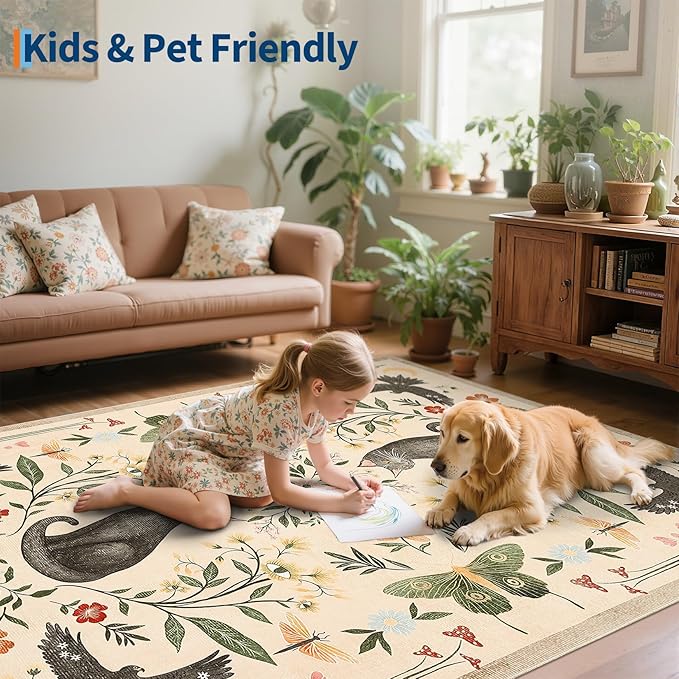 GarveeHome 3x5 Cat Washable Area Rug for Entryway, Mushroom Floral Beige Bedroom Rug Non Slip Low Pile Butterfly Carpet Stain Resistant Throw Rug for Kitchen Dorm Kids Room Office Dining Room