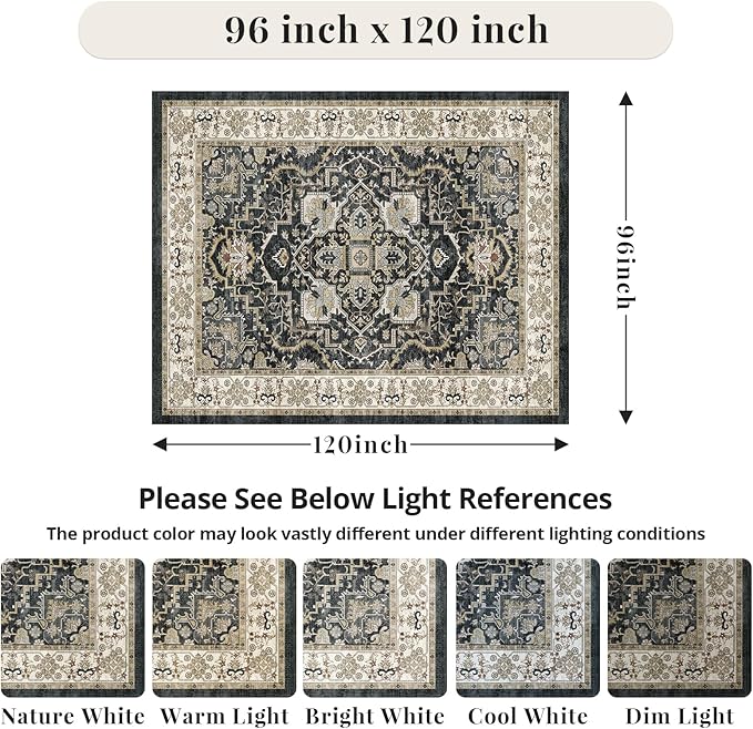 Black 8x10 Washable Large Area Rug, Non-Slip Soft Ultra-Thin Polyester Carpet with Vintage Vintage Stain Large Rug for Living Room, Bedroom, Dining Room & Open-Concept Spaces Oeko-TEX - Black
