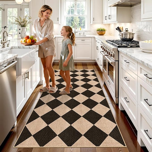 3x6 Kitchen Runner Rug Washable Non Slip: Diamond Pattern Faux Jute Rug - Thin Easy Clean Indoor Farmhouse - Boho Rugs Entryway Kitchen Hallway Bedroom Modern Home Decor Mat (Black/Brown,3x6)
