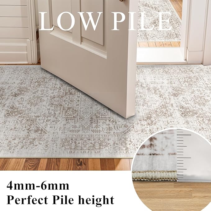Washable 2'6''x16' Runner Rug - Non-Slip Vintage Runner Rug for Entryway Low-Pile Medallion Long Rugs for Hallway Waterproof Traditional Runner Rugs Indoor Thin Rug for Kitchen (Cream/Beige)