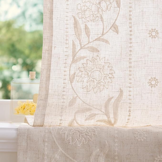 jinchan Winslow Linen Curtains 54 Inch Length Small Window Curtains Embroidered Bordered Floral Drapes Light Filtering for Bathroom Laundry Room Kitchen Farmhouse Decor White on Beige 2 Panels