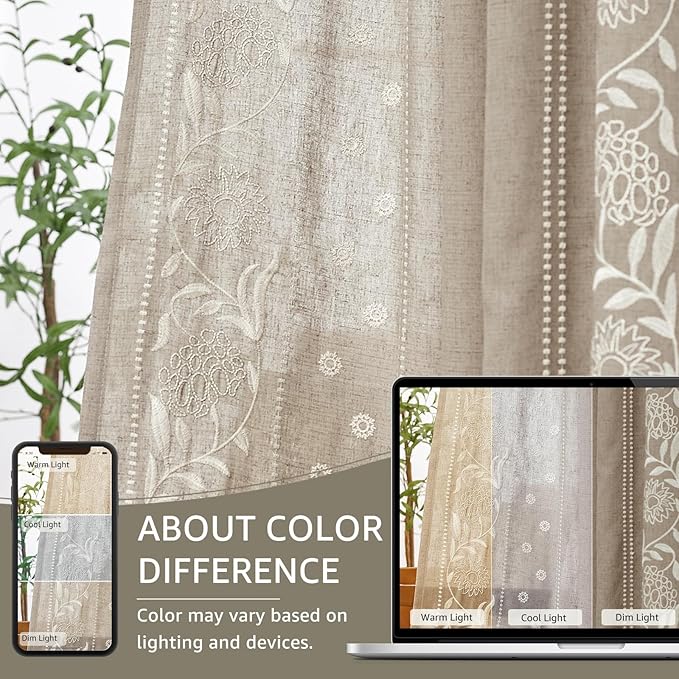 jinchan Winslow Linen Curtains for Bedroom 63 Inches Length Embroidered Bordered Floral Curtains for Living Room Farmhouse Decor Light Filtering Window Treatments Ivory on Taupe Drapes 2 Panels