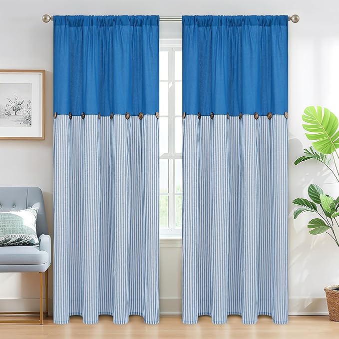 ASPMIZ Cotton Linen Curtains for Living Room, Rod Pocket & Back Tab Boho Curtains for Bedroom, Country Farmhouse Striped Curtain with Rustic Buttons, Home Decor, Lake Blue, 52 x 84 Inch, 2 Panels