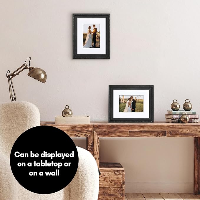 Americanflat 8x10 Picture Frame with Shatter-Resistant Glass - Use as 5x7 Frame with Mat or Display 8x10 Photo Without Mat - Ornate Picture Frames for Wall and Tabletop Display - Black