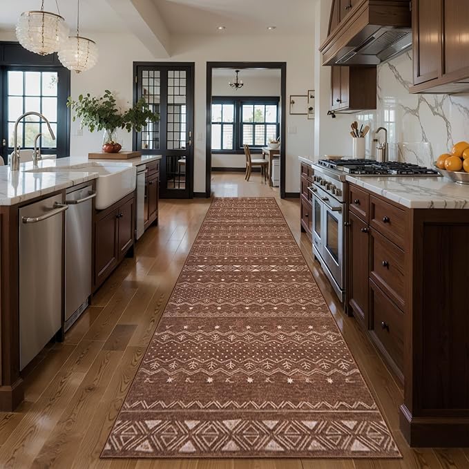 SERISSA Hallway Runner Rug, 2'6"x8' Washable Non-Slip Coffee Brown Boho Rug, Soft Low-Pile Geometric Indoor Long Carpet for Kitchen Laundry Room Bathroom