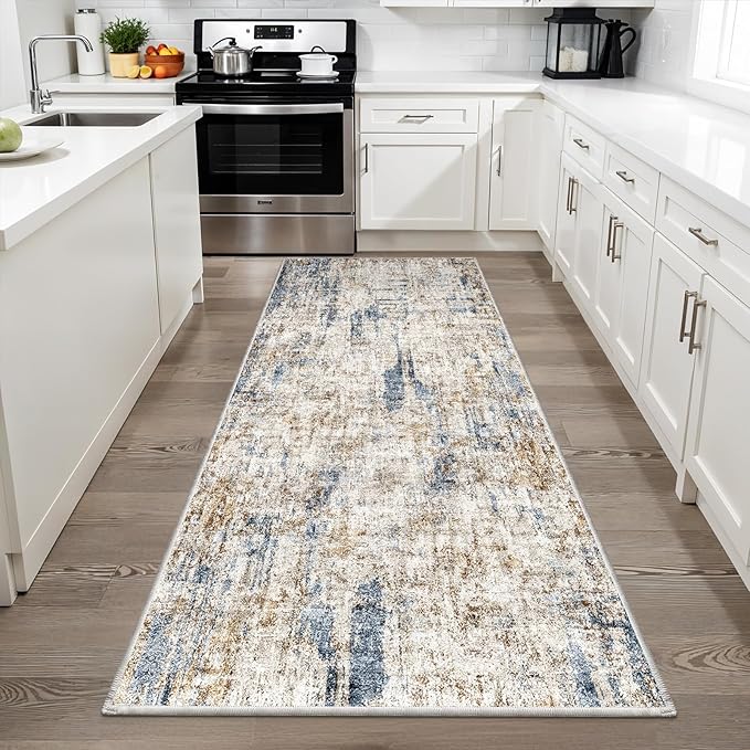 3x6 Washable Non-Slip Kitchen Runner Rug – Modern Abstract Wide Floor Carpet Runner with Rubber Backing for Entryway, Hallway, Bathroom, Living Room, Low Pile Thin (Blue Brown)