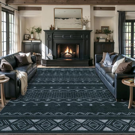 SERISSA 9x12 Area Rugs for Living Room, Washable Non-Slip Grey Boho Rug, Soft Low-Pile Geometric Indoor Large Carpet for Dining Room Bedroom Home Office Playroom