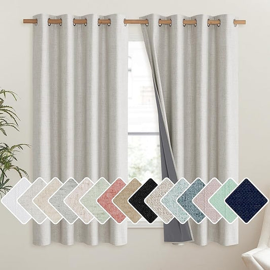 NICETOWN Snowbound Vintage Linen 100% Blackout Curtains for Living Room, Thermal Insulated Curtains 63" Long, Noise Reducing Window Treatment Drapes for Hall Room, 52" Wide Per Panel, Set of 2