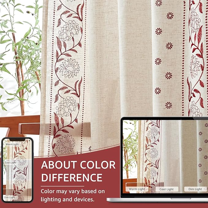 jinchan Winslow Linen Curtains for Bedroom 108 Inches Length Embroidered Bordered Floral Curtains for Living Room Farmhouse Decor Light Filtering Window Treatments Red on Beige Drapes 2 Panels