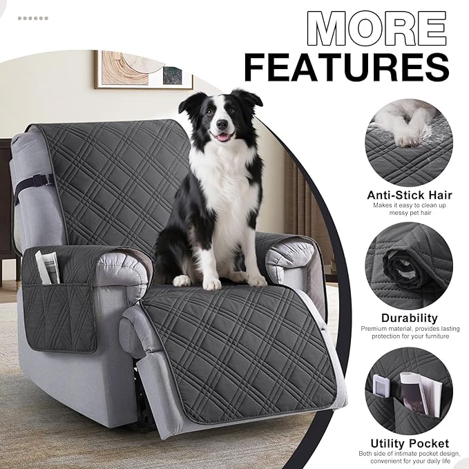 TAOCOCO Waterproof Recliner Chair Covers 30 Inch Wide, Oversized Recliner Covers for Recliner Chair with Pocket, Recliner Slipcovers with Straps Furniture Protector for Kids Pets (30'', Charcoal Gray)