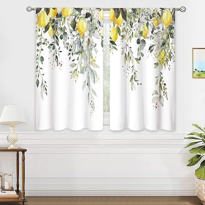 Eucalyptus Botanical Leaves Yellow Lemon Kitchen Window Curtains Herb Plant Floral Fruit Small Window Treatment Sage Green Cafe Short Curtains for Bathroom Treatment Tier Drapes 26x36 inch