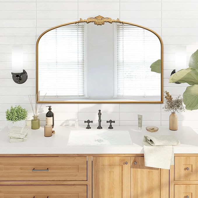 Besdomus Ornate Arched Large Mirror: 48"x33" French Oversize Vintage Vanity Wall Mounted Mirror - Baroque Decorative Traditional Antique for Fireplace/Bathroom/Living Room - Home Decor for Homemakers