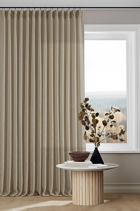 Extra Long Pinch Pleated Linen 108 Inch Curtains 2 Panels Set for Living Room Bedroom Farmhouse Tan Brown Cotton Flax Back Tab Memory Shape Pinch Pleat Ceiling Floor Window Curtains 9 FT Grey Beige