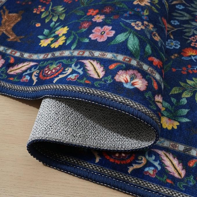 Rugcomf 2x5 Runner Rug - Floral Machine Washable Kitchen Rug, Non-Slip Low Pile Boho Carpet for Hallways, Laundry, Entryway, Bedroom, Bathroom - Blue