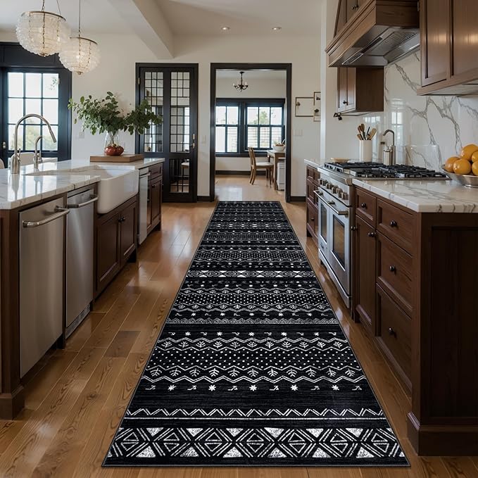 SERISSA Hallway Runner Rug, 2'6"x8' Washable Non-Slip Black and White Boho Rug, Soft Low-Pile Geometric Indoor Long Carpet for Kitchen Laundry Room Bathroom Bedroom Entryway