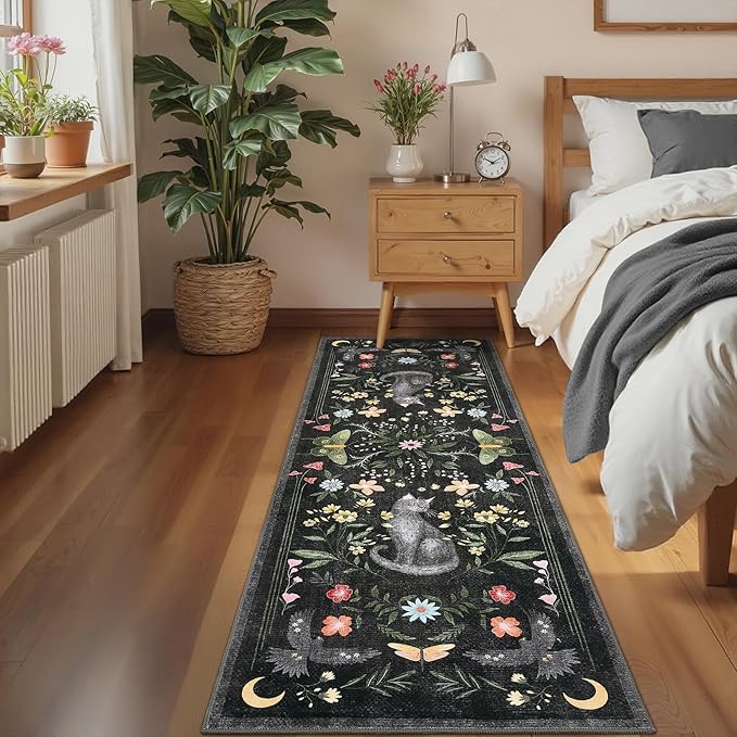 GarveeHome 2.5x8 Cat Washable Runner Rug for Hallway, Soft Black Long Kitchen Runner Non Slip Mushroom Insect Entryway Rug Floral Laundry Mat Stain Resistant Carpet for Bathroom Beside Rug