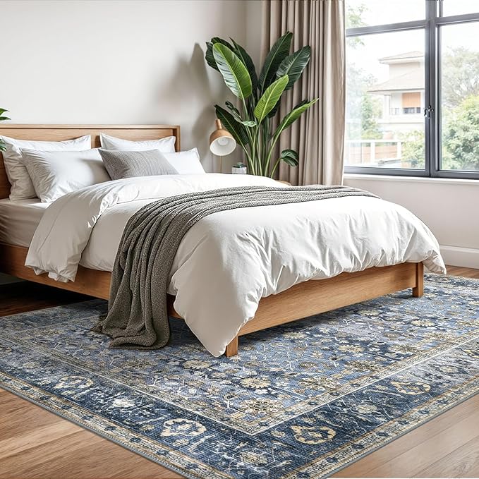 KUTA Vintage Floral 6x9 Area Rugs, Blue Grey Beige Washable Rugs for Living Room Non Slip, Ultra Thin Soft Print Distressed Flower Low-Pile Traditional Carpet for Bedroom Dining Room Dorm Office