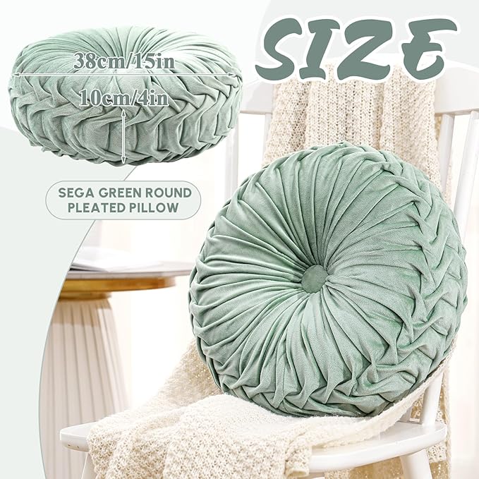 Drydiet 1 Pcs Round Throw Velvet Pillows Decorative Pleated Throw Pillows 15'' Diameter Accent Pumpkin Boho Chair Cushion for Couch Sofa Home Decoration (Sage Green)