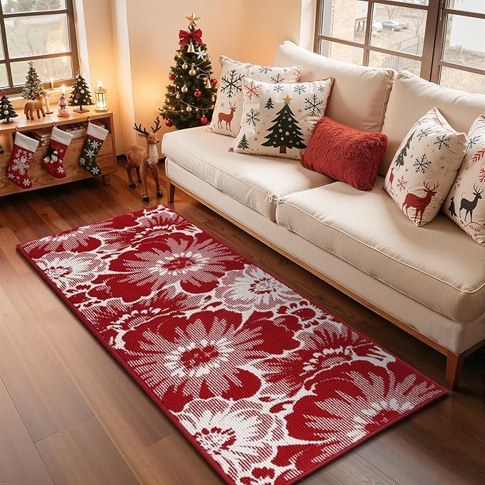 Findosom Christmas Runner Rug 2x6, Non Slip High-Low Textured Floral Washable Runner Rug with Rubber Backing, Boho Carpet Runners for Hallway, Kitchen, Entryway, Bedroom, Laundry & Holiday Decor, Red