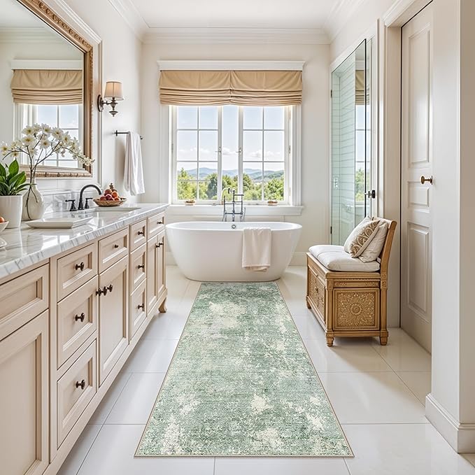 3x6 Washable Kitchen Runner Rug - Non Slip Stain Resistant Low-Pile Thin Wide Carpet Runners for Entryway Hallway Bathroom Bedside,Modern Neutral Abstract(Sage Green,3x6)