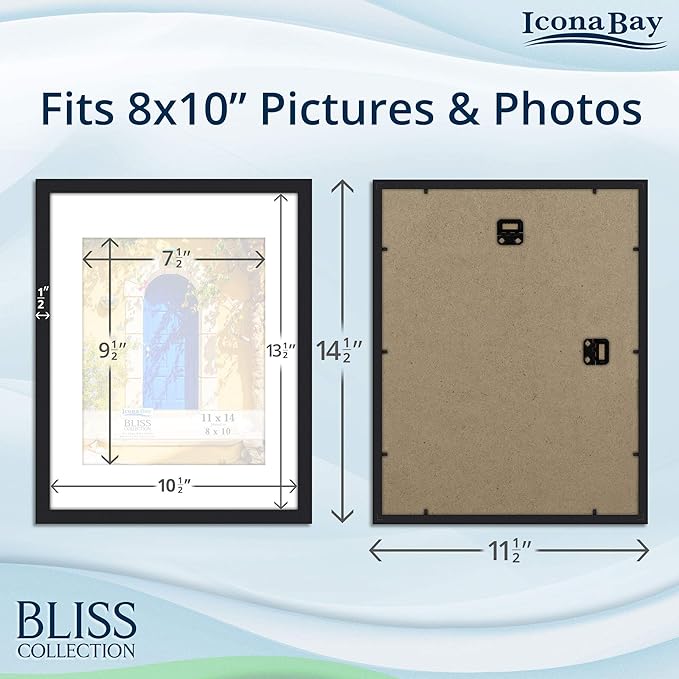Icona Bay - 11x14 Black Picture Frame with Removable Mat for 8x10 Photo - Modern Style Engineered Wood Frame - Wall Mount Only - Bliss Collection