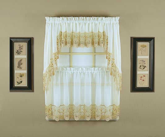 Today's Curtain, Vintage Macramé Organza Tier 36", Ecru/Gold, 58" W x 36" L