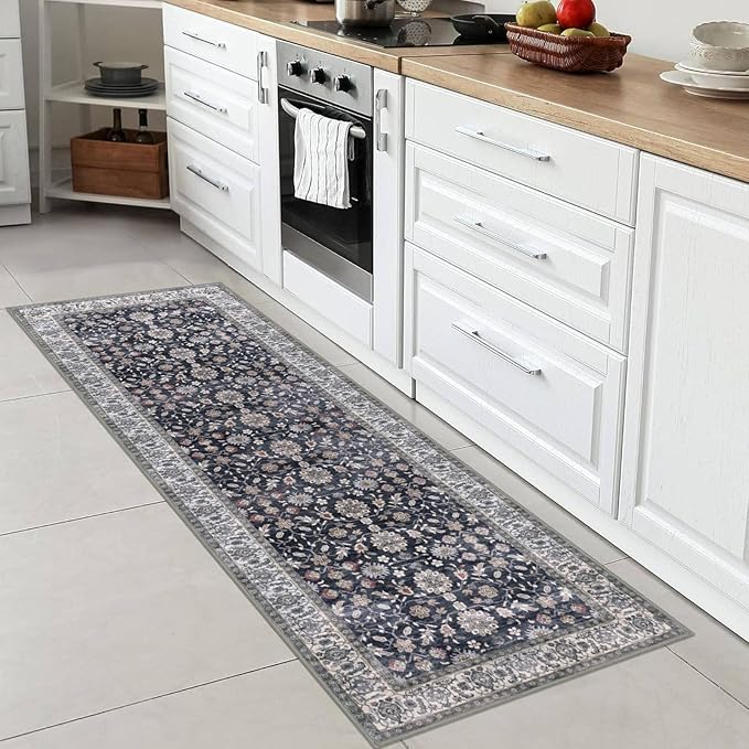 KUTA Runners for Hallways 2x6, Vintage Floral Rug Non-Slip Washable Kitchen Rugs Grey Black Beige Ultra Thin Soft Printed Distressed Flower Carpet Entryway Rugs for Bedroom Laundry Nursery