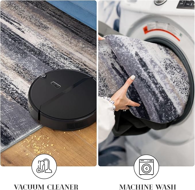 Lansny Modern Abstract 9x12 Large Machine Washable Living Room Rug Non-Slip Soft Bedroom Area Rug Grey Black Multi Ultra Thin Print Faux Wool Carpet Throw Rugs for Nursery Playroom Dining Room Indoor