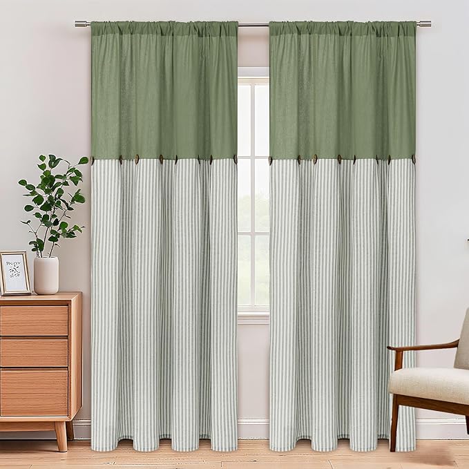 ASPMIZ Cotton Linen Curtains for Living Room, Rod Pocket & Back Tab Boho Curtains for Bedroom Green, Country Farmhouse Striped Curtain with Rustic Buttons, Home Decor, 52 x 84 Inch, 2 Panels