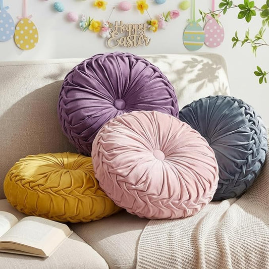 Kathfly Set of 4 Decorative Round Pleated Throw Pillows, Classy Velvet Pumpkin Round Throw Pillows, Decorative Floor Pillow for Bed Chair Home Sofa Decor, 14" Diameter(Pastel Color)