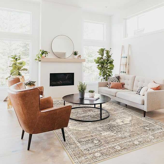 Living Room 3x5 Area Rugs - Washable Lightweight Area Rug Stain Resistant Carpet Vintage Soft Rugs for Bedroom Kitchen entryway with Non Slip Backing Home Decor Small Mat 3X5 Beige