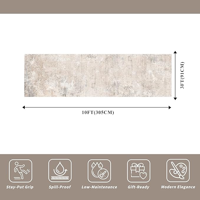 3x10 ft Washable Hallway Runner Rug – Non-Slip Long Carpet Runner for Kitchen, Indoor Entryway & Bathroom, Modern Neutral Low Pile Wide Floor Mat (Beige Grey,3x10)