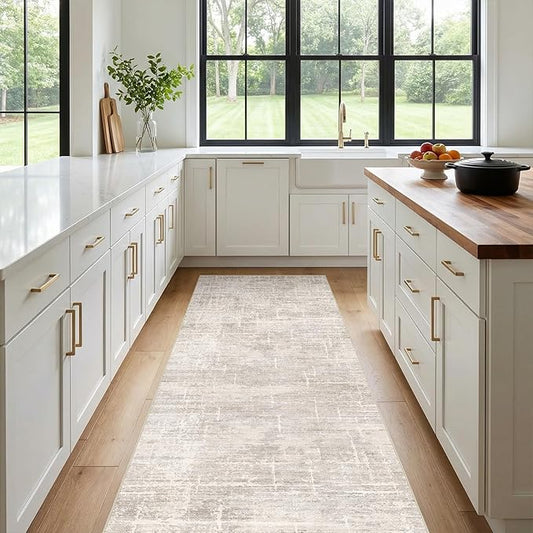 3x7 Washable Kitchen Runner Rug - Modern Abstract Neutral Carpet with Non-Slip Backing Low-Pile Stain-Resistant Thin Runners for Hallway Bathroom Bedroom Entryway (3x7, Beige)