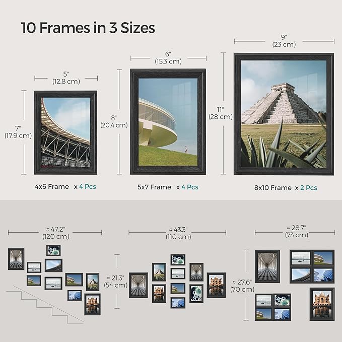 SONGMICS Picture Frames with 16 Mats, Set of 10 Collage Photo Frames, Two 8x10, Four 5x7, Four 4x6 Frames, Hanging or Table Display, Glass, 12 Non-Trace Nails, Ash Black URPF049B01